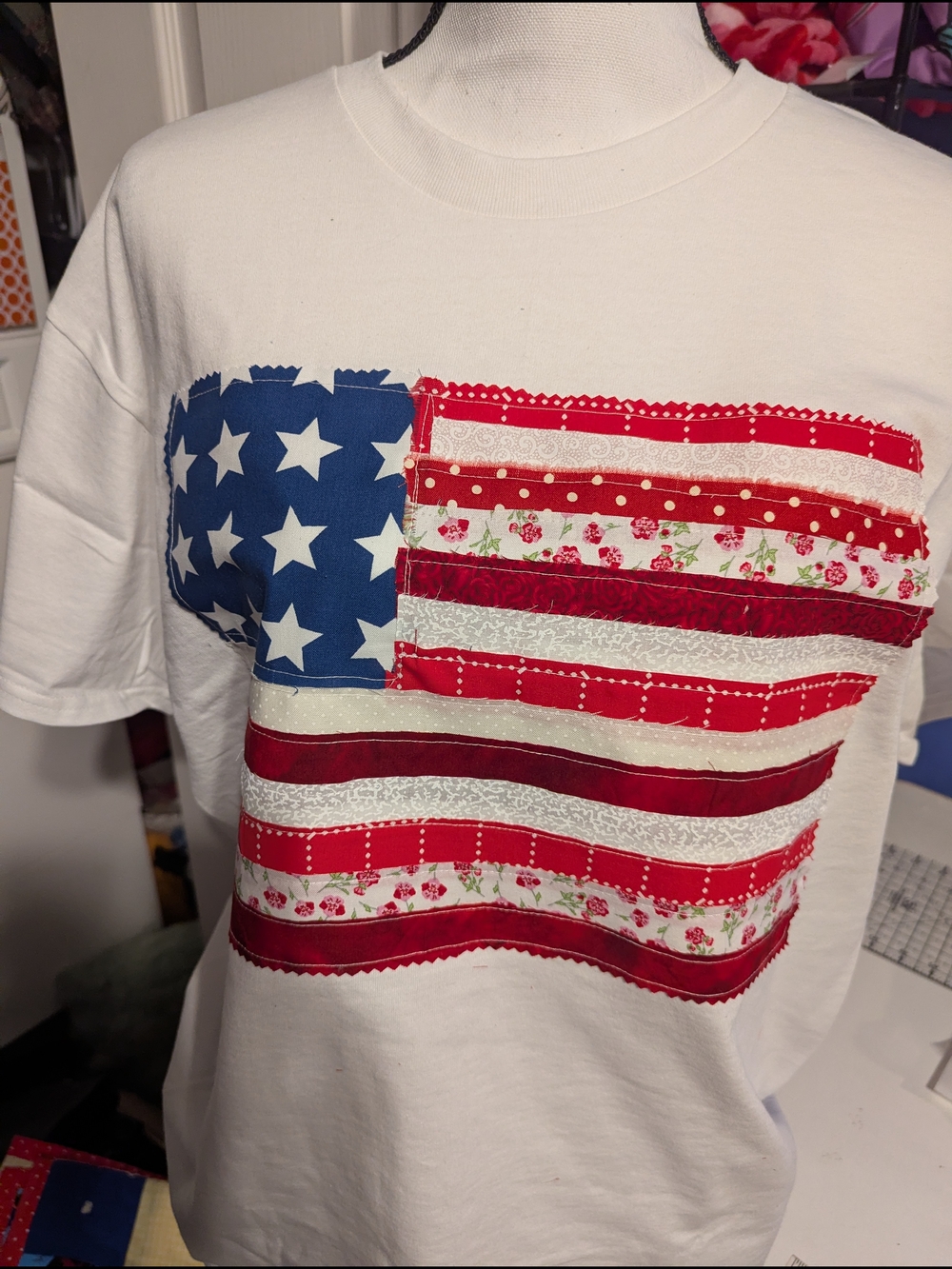 Handmade Gildan White Tee with Red, Blue and White Americana Flag Appliqué